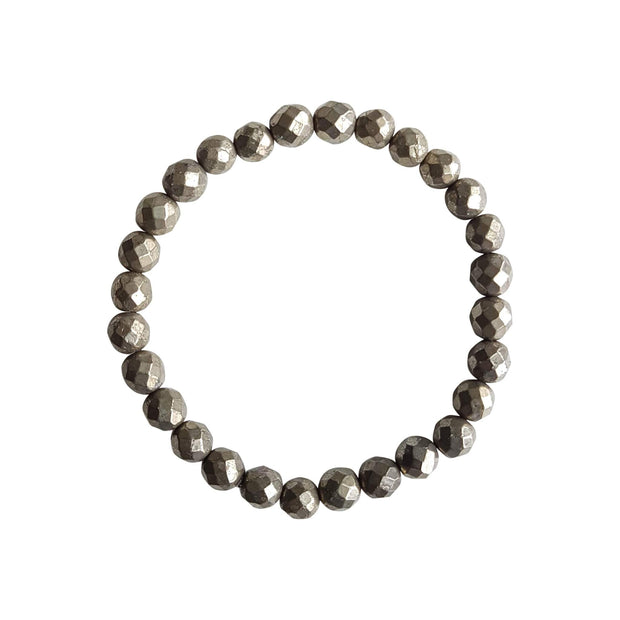 Close up on a white background of a Pyrite Gemstone Stretch Bracelet made with 6mm faceted pyrite beads.