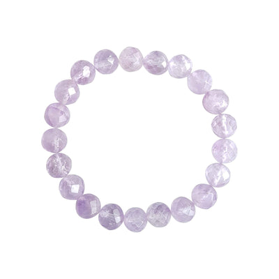 Close up image on a white background of a stretchy Amethyst mala bracelet. The bracelet is made of 8mm faceted light purple Amethyst beads.